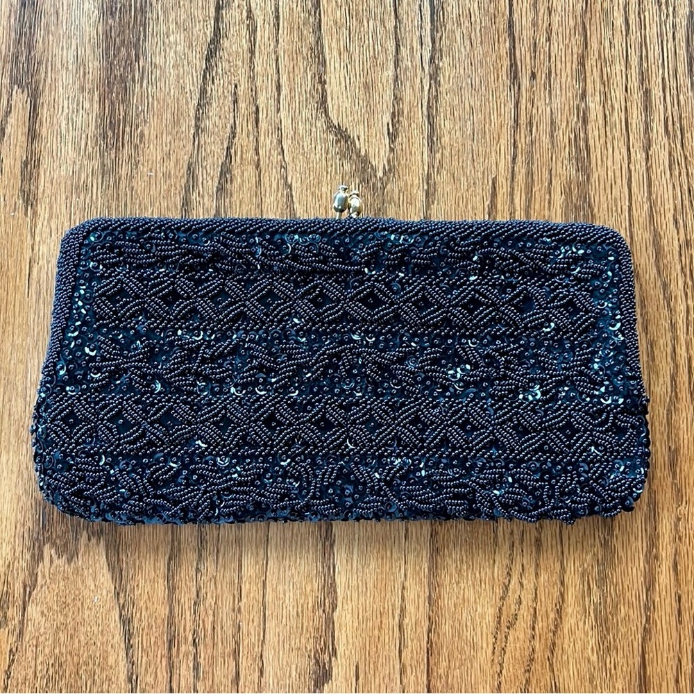 Vintage La Regale Ltd Black Beaded Clutch Handmade in Hong Kong